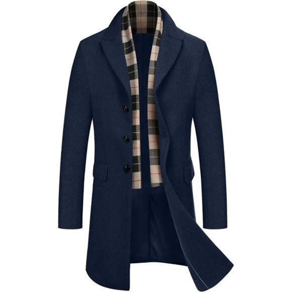 Men's Wool Blend Coat with Detachable Plaid Scarfs Navy Blue - Picture 1 of 3